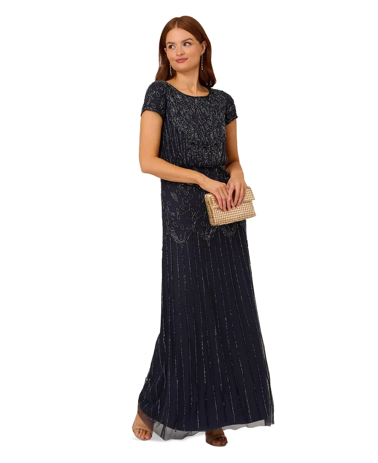Adrianna Papell Women's Beaded Sheer-Overlay Gown - Navy Size 12m- DEFECTS
