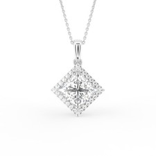 18K White Gold Lab Grown Diamond Halo Pendant, Princess & Round Cut