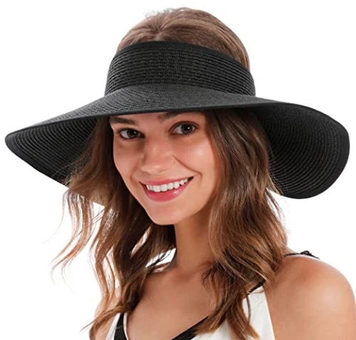 Simplicity Women's Summer Foldable Wide Brim Beach Hats Straw Sun Visor Hats