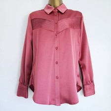NEW Ex Wallis 8-22 Pink Red Satin Pleated Button Up Collared Blouse Top Shirt