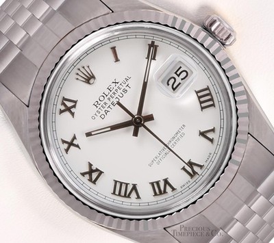 Rolex Datejust 36mm Stainless Steel Jubilee 18k Fluted Bezel White Roman Dial