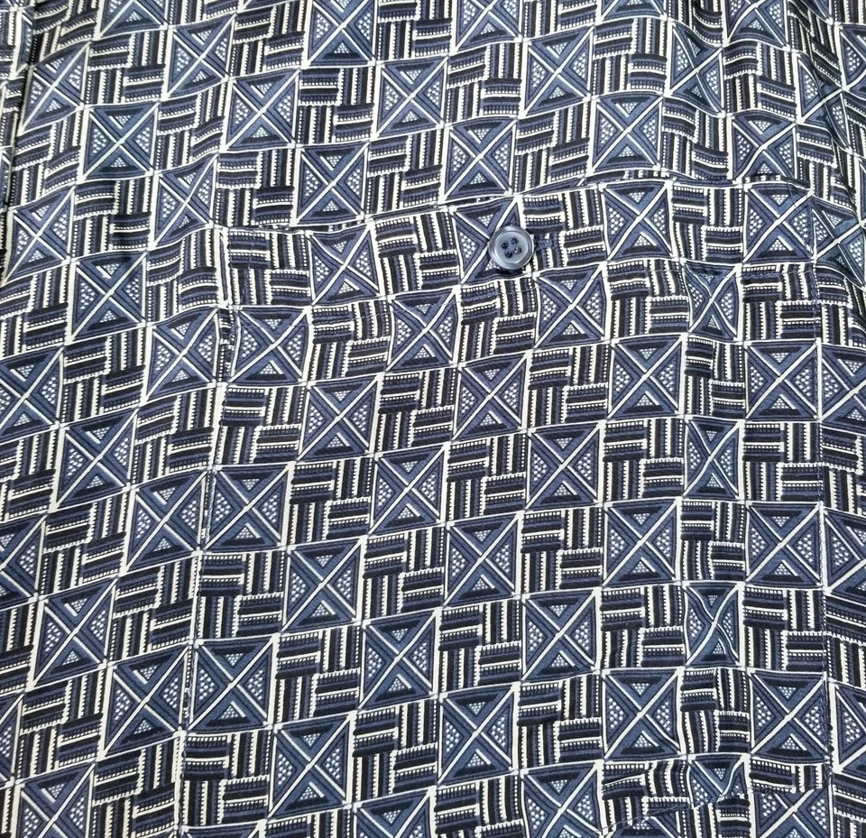 Scandia WOODS Button Up Shirt Mens 2XL XXL Black Blue White Geometric Silk Thin - Image 3 of 4