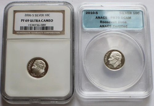 2 Proof Silver Roosevelt Dimes, 2006-S NGC PF69UCAM + 2010-S ANACS PR70DCAM