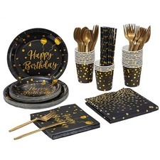 201PCS Black Gold Birthday Party Supplies For 25 Guests Happy Birthday Disposabl