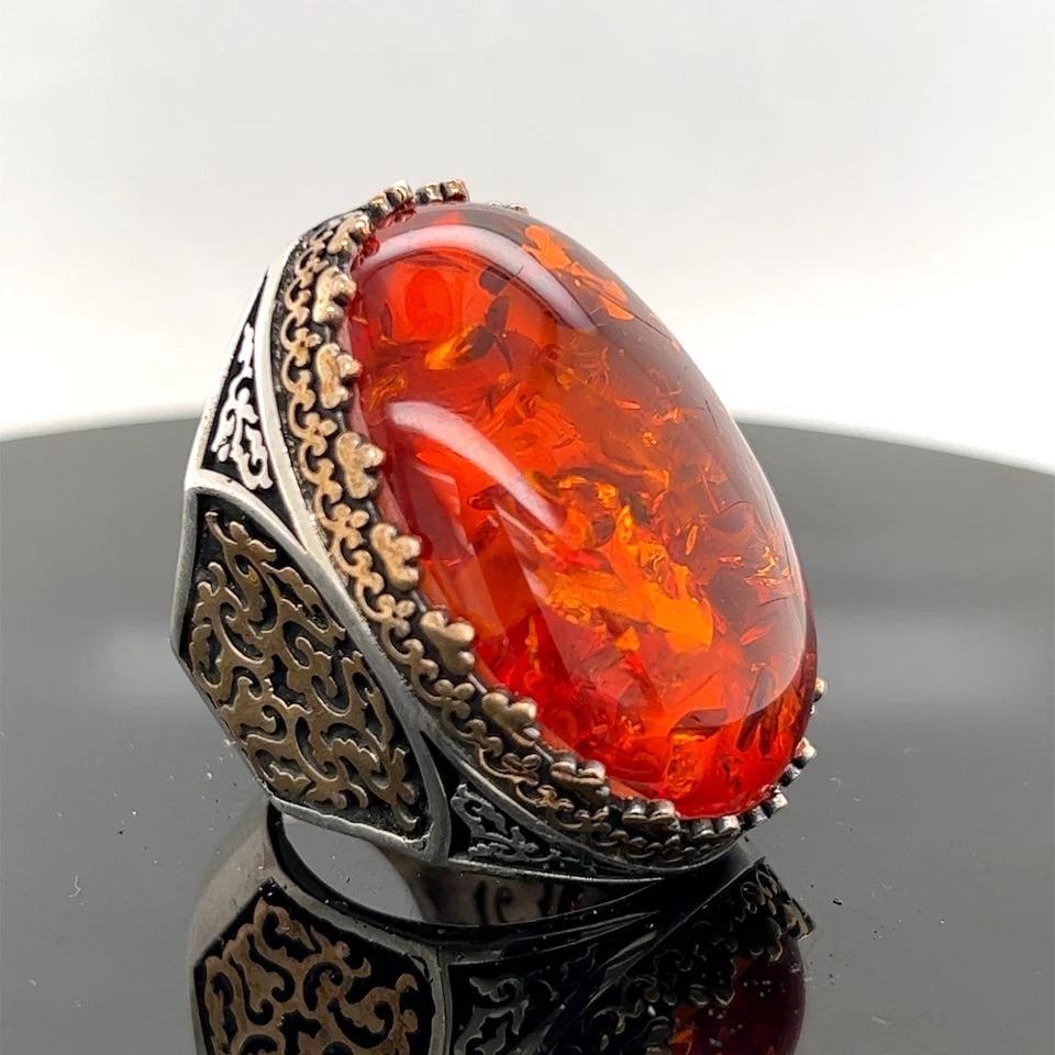 Anillo otomano grande de plata 925 ámbar báltico piedra ámbar natural Foto 3 de 4