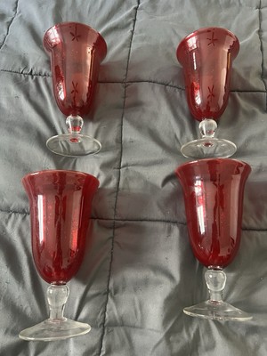 Vintage Ruby Red Etched Glass Goblets Set of 4 Wine Glasses Stemware