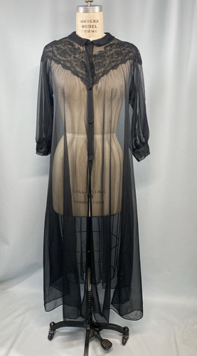 Vintage Robe gown SIZE SMALL black sheer nylon LEONOR lace sheer 50s 60s penoir