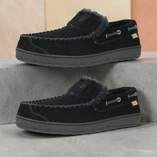 Mens Suede Slippers Black House Shoes Faux Fur Moccasin Indoor Outdoor UK 7