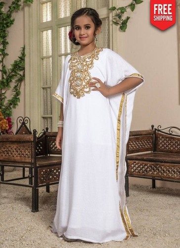 Party Moroccan Kids White Dress Abaya Long Kaftan New Gown Wedding Georgette - Picture 3 of 4