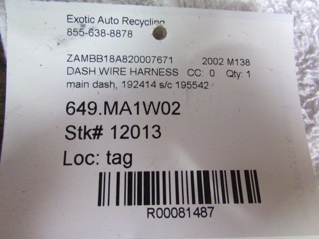 Maserati M138 Spyder, Main Dash Wire Harness, Used, P/N 192414, s/c 195542