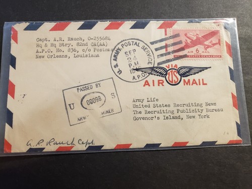APO 836 FORT SHERMAN, CANAL ZONE 1942 Censored WWII Army Cover 82 CA Arty (AA)