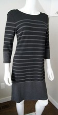 Hilary Radley Black & Charcoal Striped 3/4 Sleeve Stretch Fitted MAXI Dress SZ S
