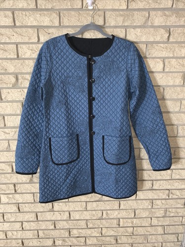 VTG Hand Made Black & Blue Reversible Quilted Top Stitch Woman’s Jacket Medium - Picture 22 of 24
