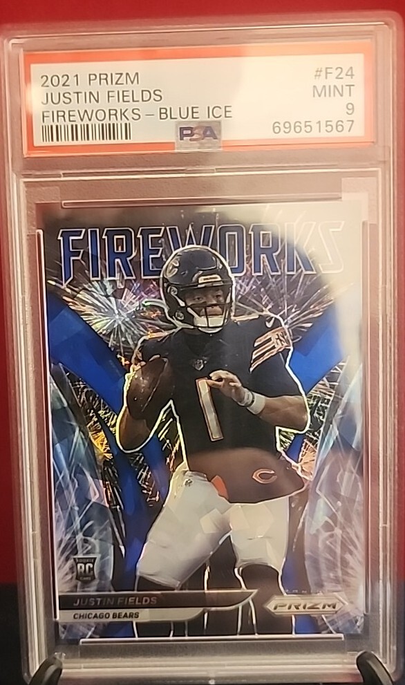 2021 Panini Prizm Justin Fields RC Fireworks💥💥-Blue Ice #/99 PSA 9 BEARS 🐻