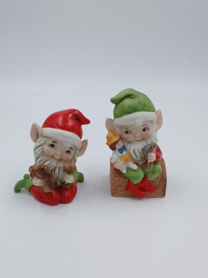 Vintage Homco Christmas Elf Elves Figurines Porcelain Set Of Two 2 Santa #5406