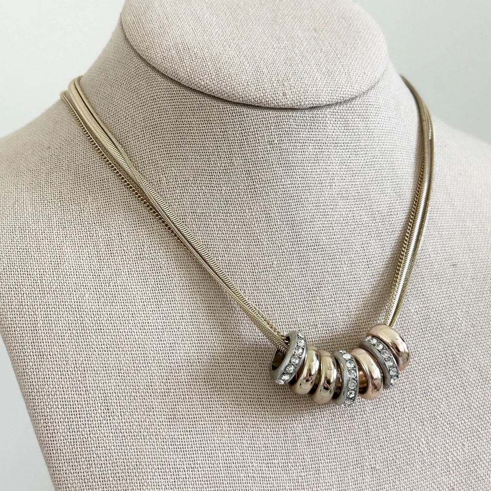 Colar de disco de cristal Kenneth tom dourado corrente de várias fileiras tom triplo intertravado - Imagem 2 de 4