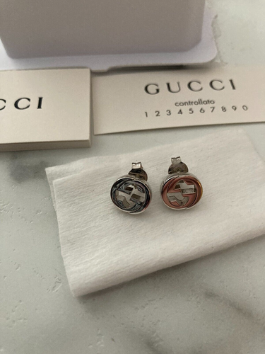 GUCCI-INTERLOCKING G-RHODIUM PLATED-STUD EARRINGS-NEW - Picture 6 of 7