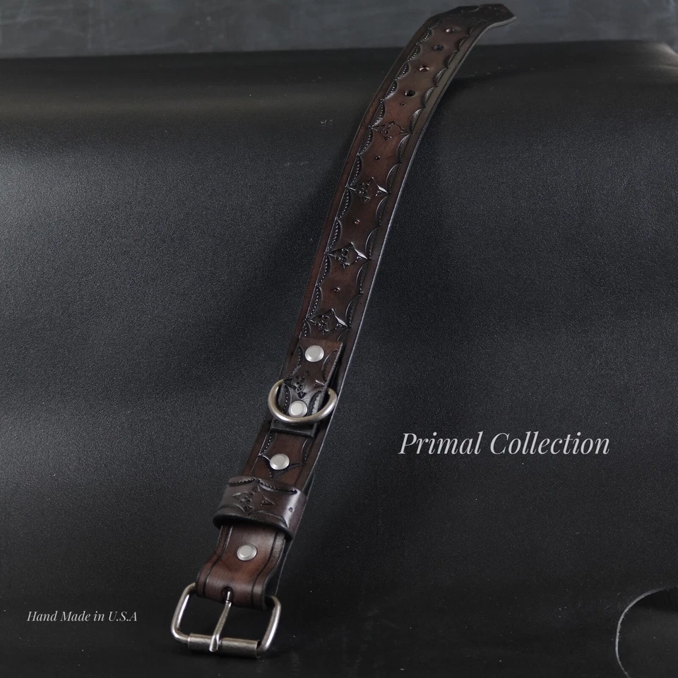 Кожаный ошейник для собаки ручной работы. Ширина 1,5 дюйма. Дизайн черепов. Старый черный - Изображение 3 из 4