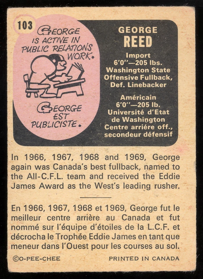 1971 OPC CFL FOOTBALL #103 GEORGE REED VG SASKATCHEWAN ROUGHRIDERS WASHINGTON - Image 2 of 2
