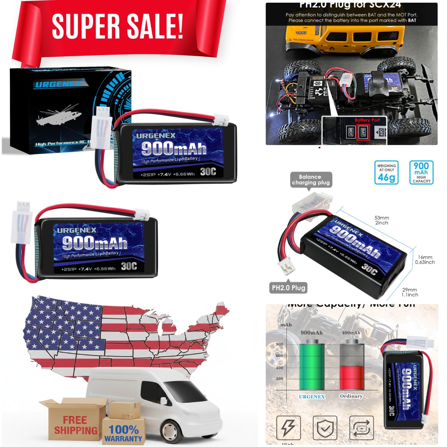 Long Cycle Life 7.4V 900mAh Lipo Battery - Safe & Easy for A