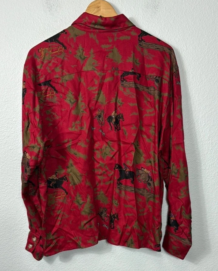 Camisa feminina vintage anos 90 Lord & Taylor cavalo com botões estampa de caça equestre - Imagem 3 de 4