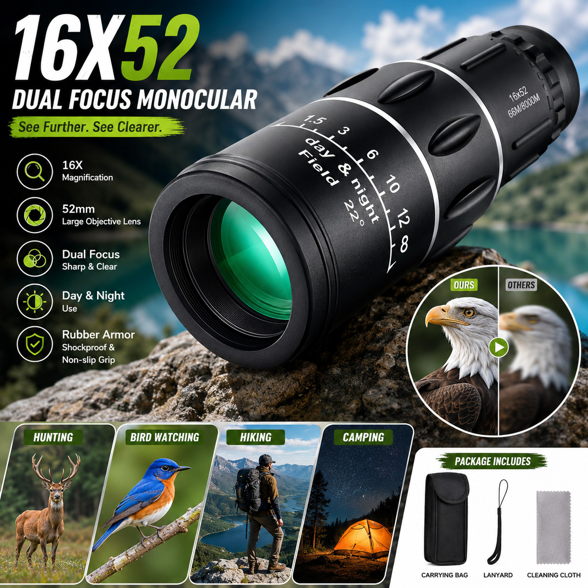 トモ 16x52 Dual Focus Monocular Zoom Rubber Armored Telescope For