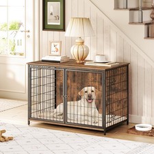 Dog Crate Furniture with Cushion, Wooden Dog Kennel with Double Doors, Heavy ...