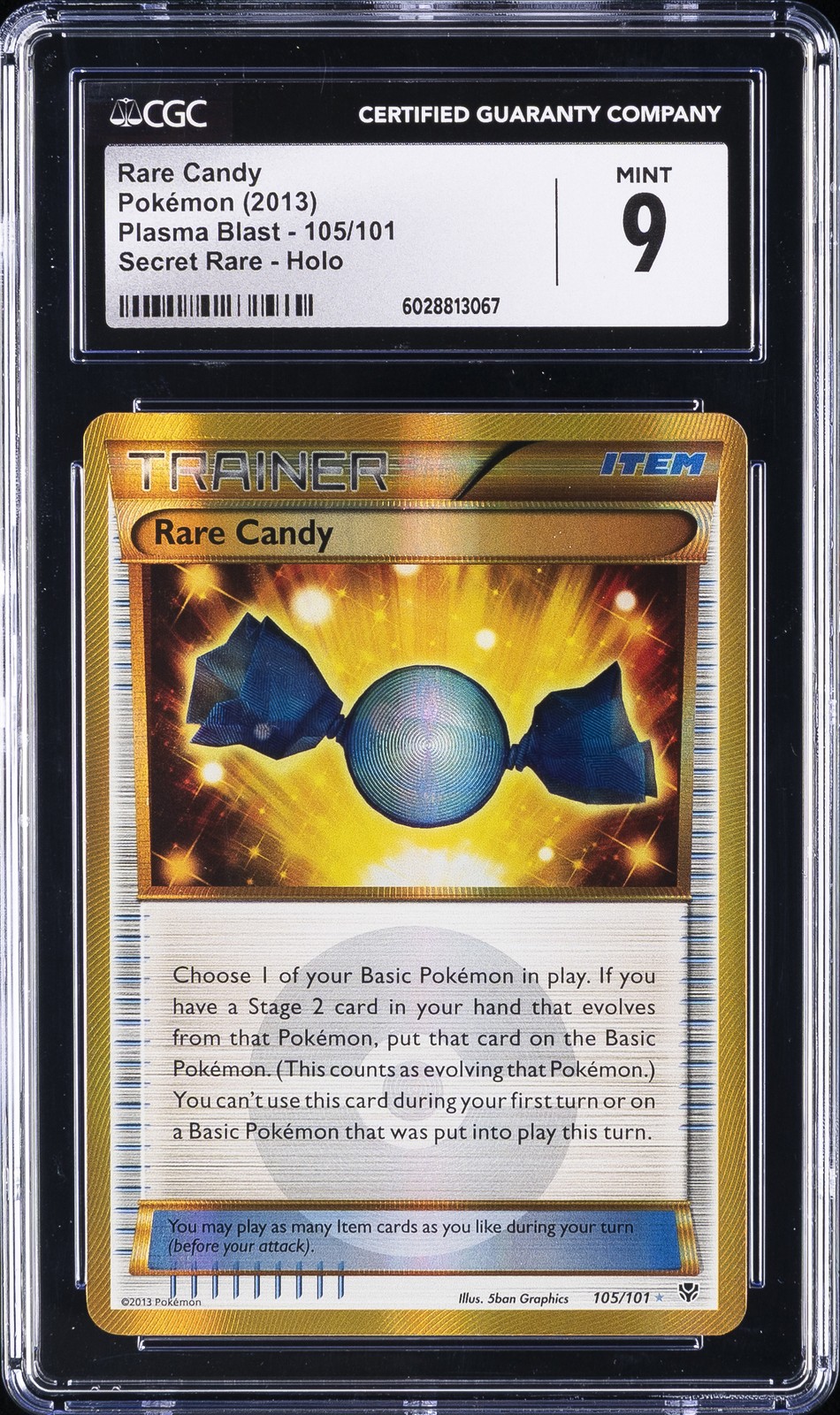 2013 POKEMON ENGLISH PLASMA BLAST SECRET RARE HOLO #105/101 RARE CANDY CGC 9