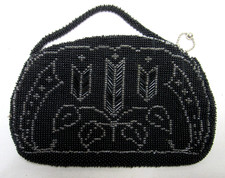 1930's Vintage Black Czechoslovakia Seed Beaded Zipper, Hand Handle Coin Purse
