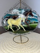 Hand Painted Glass W/Scalloped Edge Suncatcher Horses Window Decor Western Farm