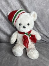 15  White Plush Teddy Bear Red Knit Hat Scarf Soft Winter Holiday Stuffed Toy