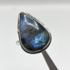 Pear Teardrop Cut Labradorite Silver Plated Ring Sz 9.5 Boho Statement