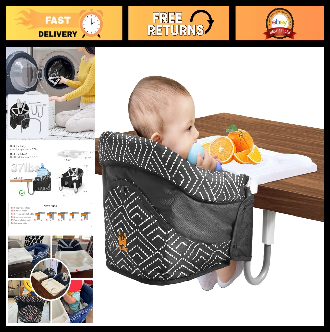 Portable Clip-On High Chair with Tray - Attachable Baby Feeding Seat for Tables