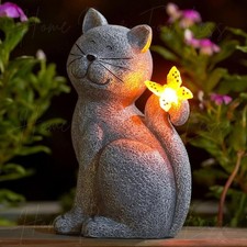 LED Lighted Cat with Butterfly Garden Statue Sculpture Outdoor Yard Art Decor