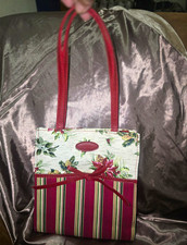 Longaberger Holiday Floral Striped Red Women  s Tote Bag Lined Bow Double Handles