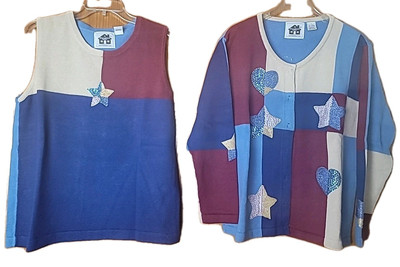 Storybook Knits 2 Pc Sweater Set 1X American Patchwork Patriotic USA Flag Stars