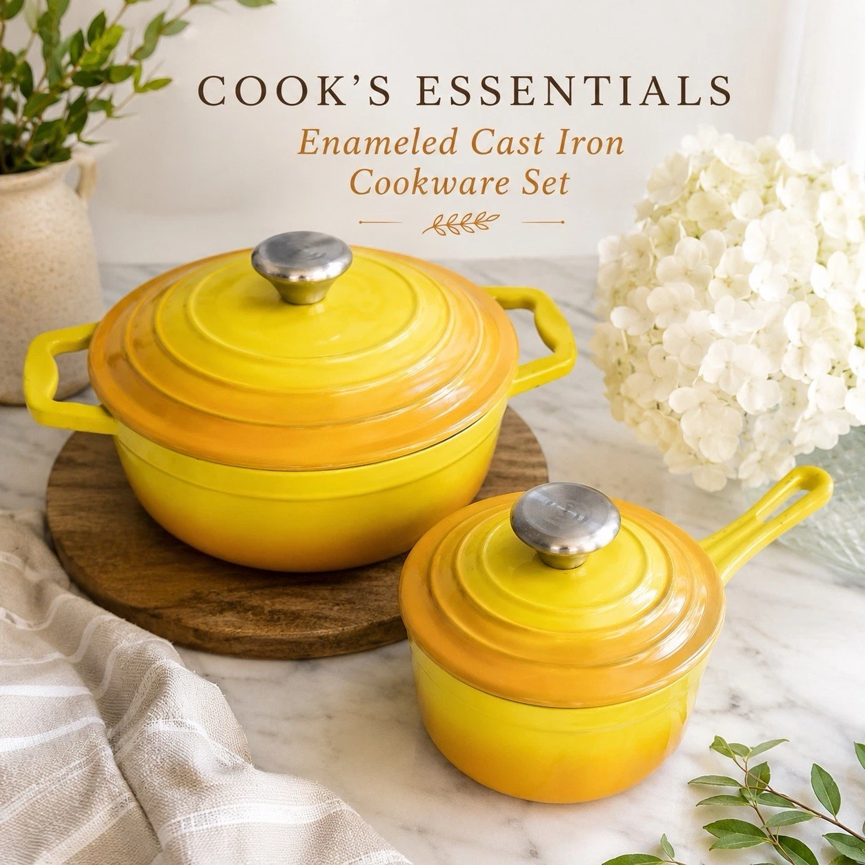 Cook’s Essentials Yellow Orange Enameled Cast Iron Mini Dutch Oven & Saucepan