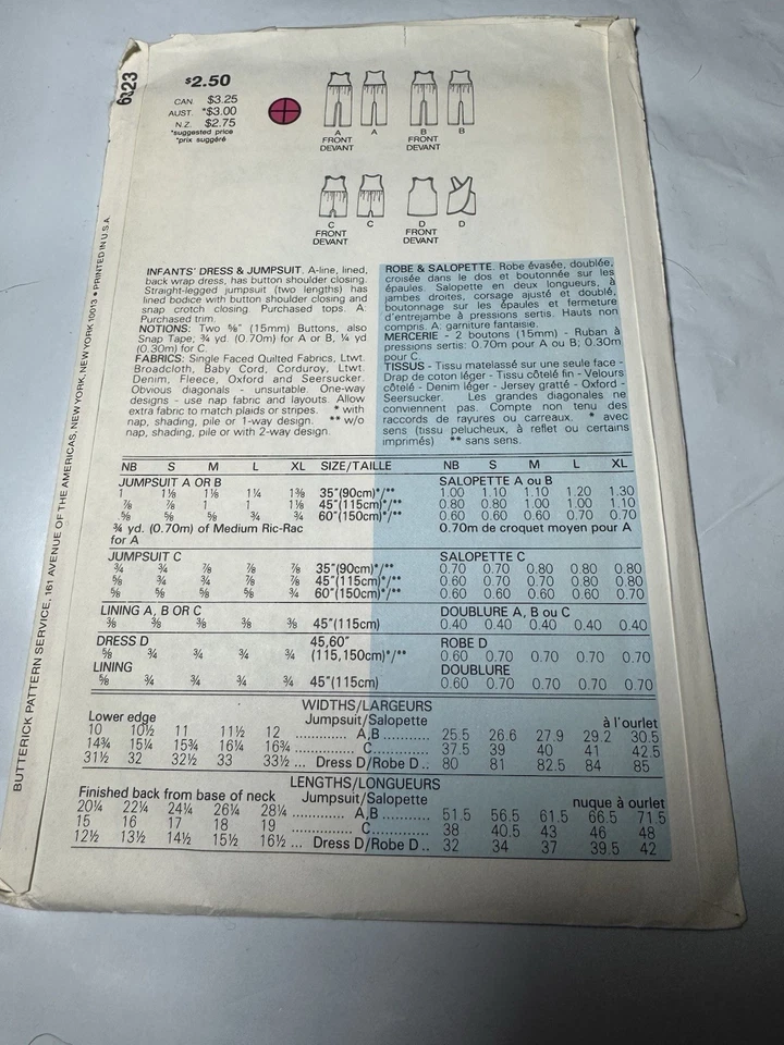 Butterick 6323 Size Small Infants' Dress Jumpsuit UNCUT;FF - Image 4 of 4