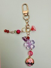 Red Flower Pendant Charm Keychain Matching Red Beads