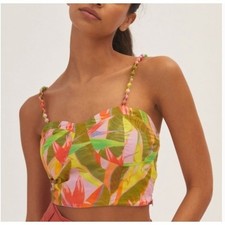Farm Rio for Anthropologie Tropical Beaded Strap Bustier Crop Top Pink Green M