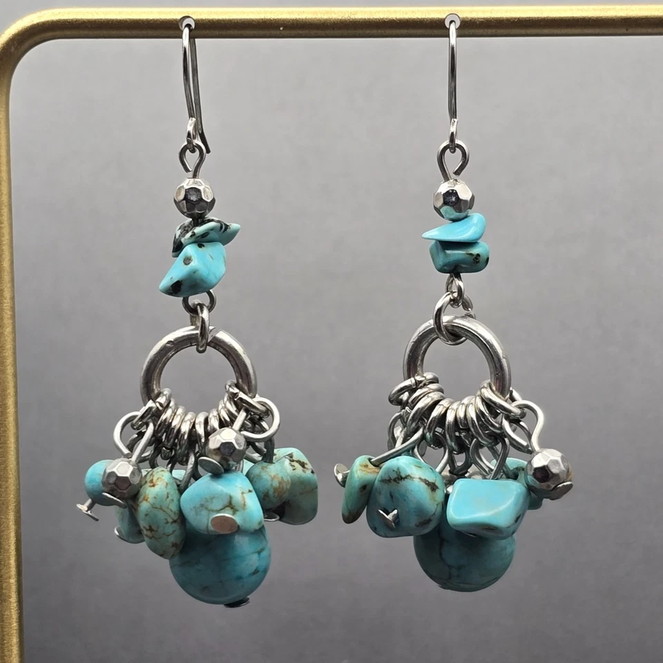 Pendientes Colgantes Howlita Teñidos Gruesos 2" Tono Plata Racimo Boho Suroeste Foto 3 de 4