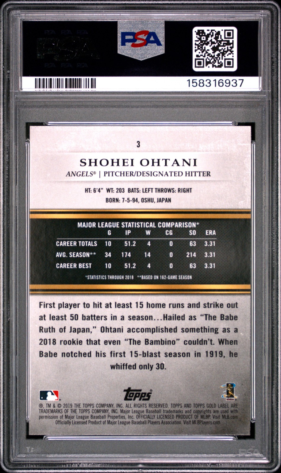 2019 Topps Gold Label #3 Shohei Ohtani Class 2 PSA 9 view 2