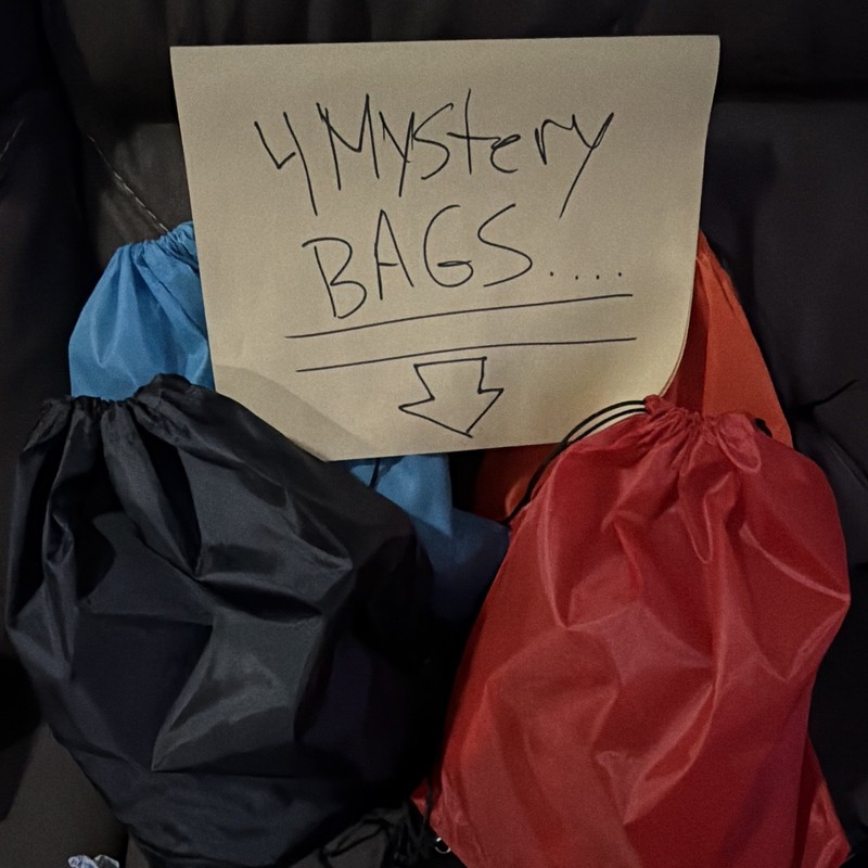4 Mystery Drawstring Bags, Solid Multicolor Drawstrings with cool items inside.