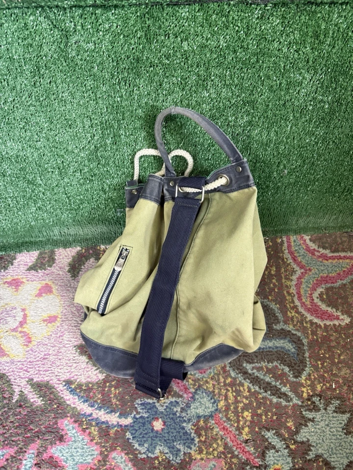 复古 NAUTICA 绿色蓝色重型帆布拉绳水手海员吊袋 — 第 4/4 张图片