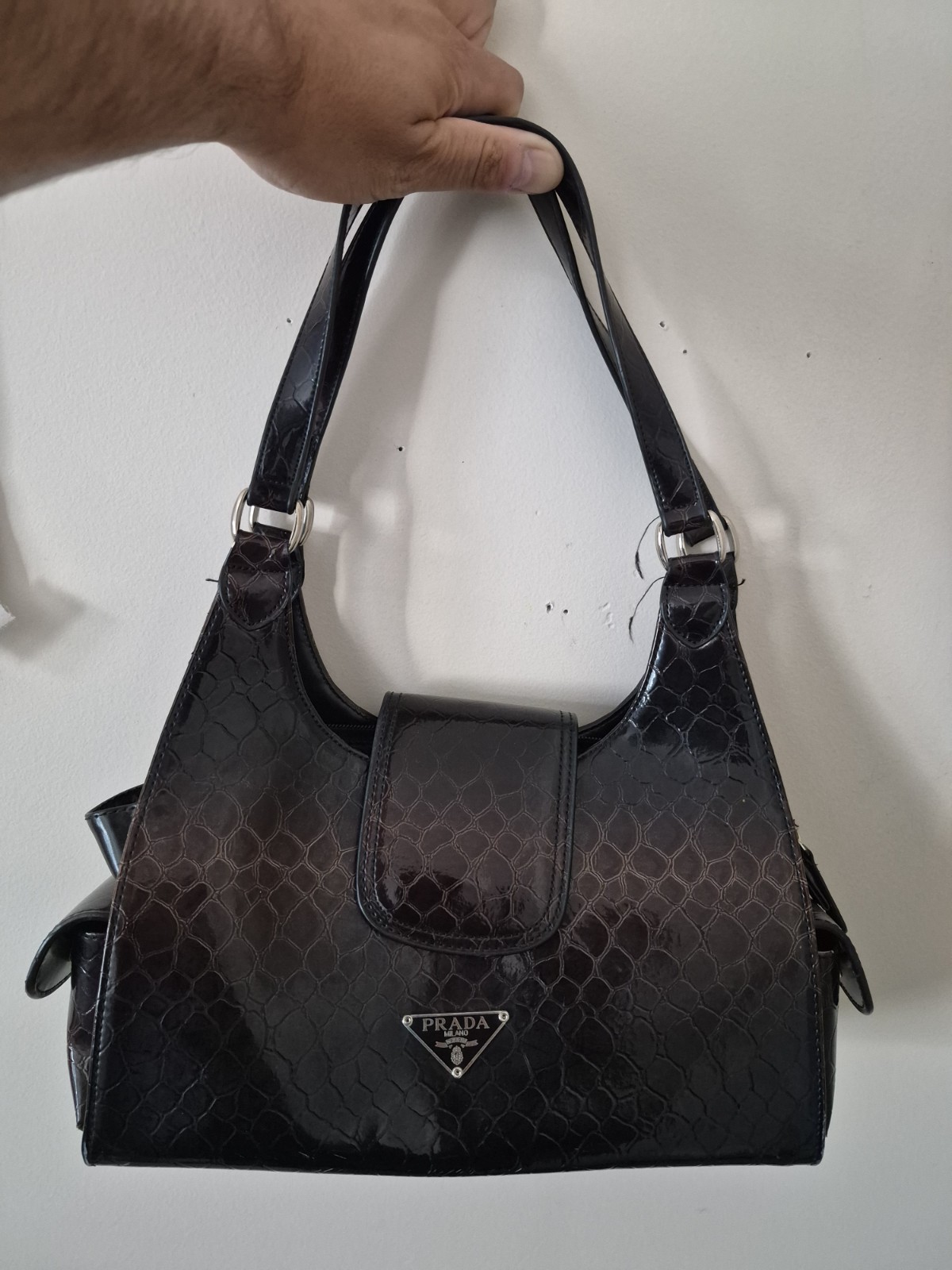 Prada Milano leather handbag crocodile pattern dark brown