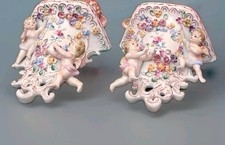 Pair VTG Noritake Cherubs Floral Porcelain Capodimonte Style Wall Sconce Shelf
