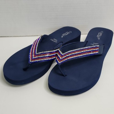 Capelli New York Women's Flip Flop Sandals Navy Blue Rhinestone Wedge