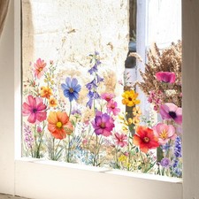Colorful Floral Window Clings Removable Static Flower Decals Wildflower Bouqu...