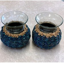 Set Of 2 Hand Blown Glass Blue Wicker Rattan Vases Round 7"X6"