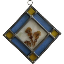 Stained Glass Sun Catcher Cobalt Blue Yellow Dried Pressed Flowers Art Glass